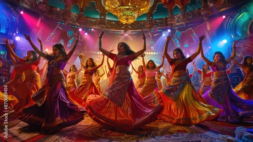 Mesmerizing Bollywood dance scene featuring dancers in vibrant traditional costumes amidst ornate decor. AIG58