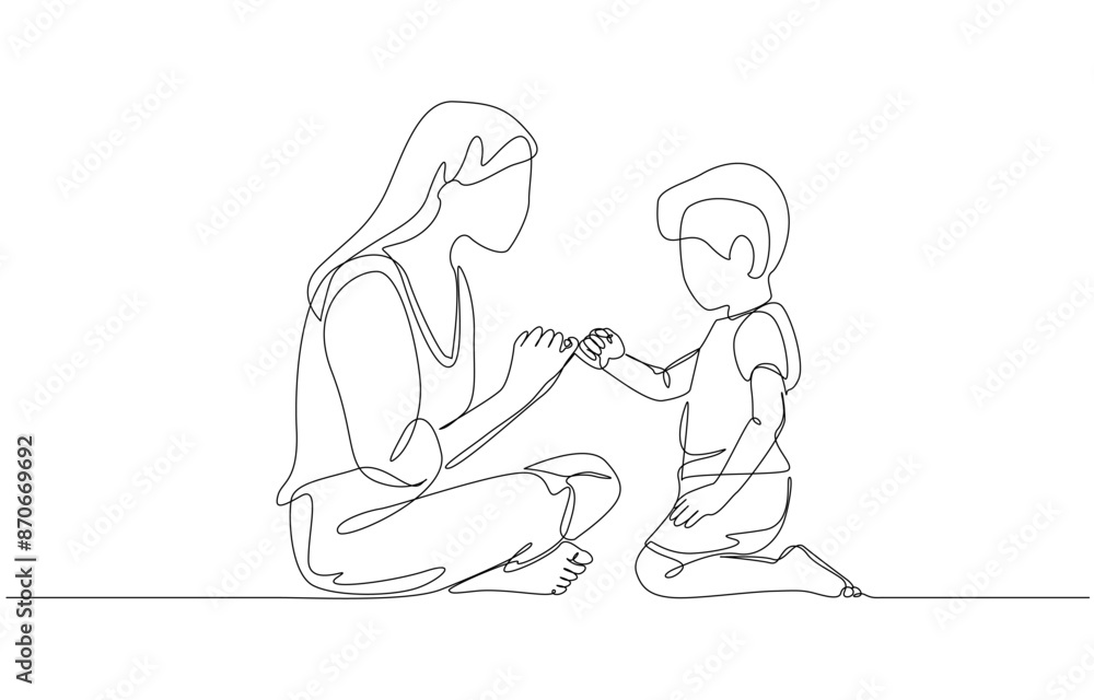 Continuous one line drawing of mother and son hook each other's little fingers, training and teaching children from parents concept, single line art. Continuous one line drawing of mother and son hook each other's little fingers, training and teaching children from parents concept, single line art.