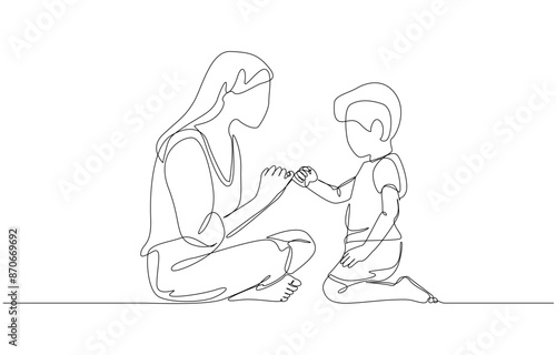 Continuous one line drawing of mother and son hook each other's little fingers, training and teaching children from parents concept, single line art.