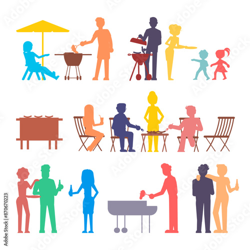 Relaxed friends and family characters color silhouette vector illustration set. Colorful happy group of people resting on nature eating barbeque food drinking beverage