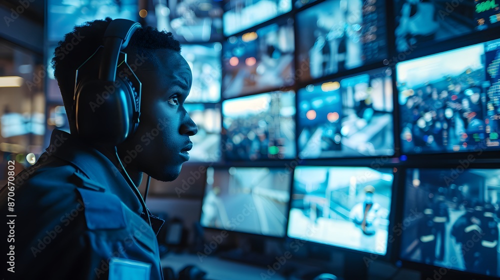A focused security guard wearing headphones, sitting in front of multiple monitors displaying real-time footage from various areas within the facility. A focused security guard wearing headphones, sitting in front of multiple monitors displaying real-time footage from various areas within the facility.