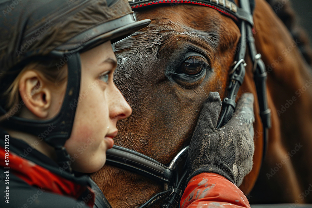 A female hand stroking a brown horse head. Close up portrait of a horse. A female hand stroking a brown horse head. Close up portrait of a horse.