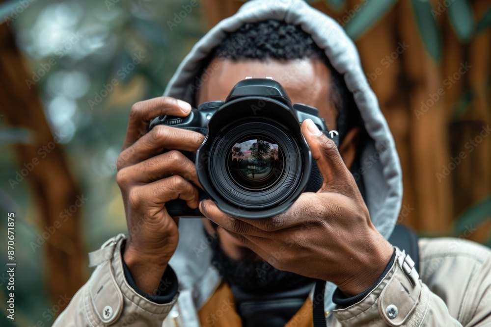 man hand holding camera looking through lens. ai generated