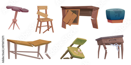 Broken furniture. Damaged tables chairs cupboards exact vector broken interior