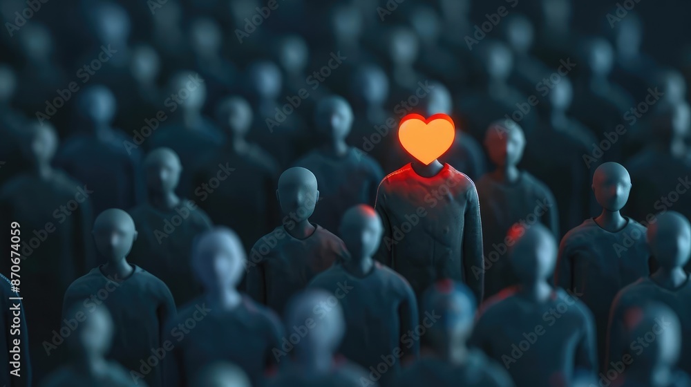 Obraz premium A figure with a glowing heart surrounded by community members, symbolizing empathetic connections and self-awareness, self-development skills