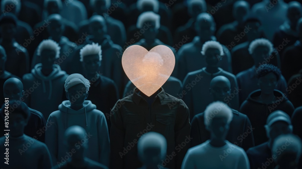 Obraz premium A figure with a glowing heart surrounded by community members, symbolizing empathetic connections and self-awareness, self-development skills