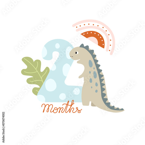 Two month Baby milestone card for newborn with a cute dino