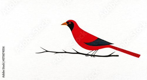 Illustration of a single red bird on a white background. Kalighat Painting Art Style. 4 photo