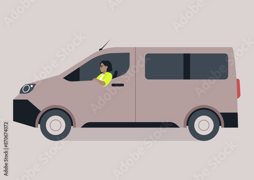 A character is driving a van on a dusty road, they are wearing a green shirt and is looking straight ahead