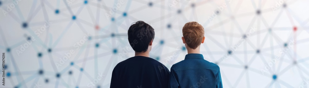Obraz premium A mentor guiding a student with a backdrop of interconnected symbols, depicting communication, support, and connection, self-development skills