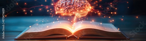 An open book with a glowing brain emerging, depicting the power of study and self-improvement, self-development skills