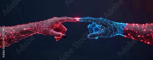 Hands connecting through digital screens with glowing lines, symbolizing virtual communication and support networks, self-development skills photo