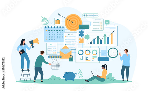Business task management and organization, goal planning. Tiny people manage digital calendar, data report and chart, plan strategy of company development and growth cartoon vector illustration