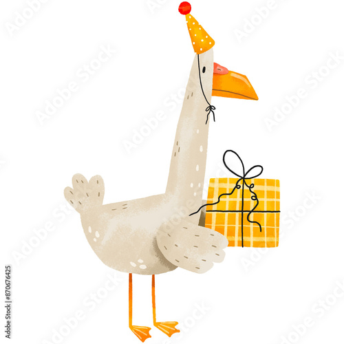 Duck with festive hat and gift box.  Happy Birthday. Hand drawn cartoon illustration on isolated background