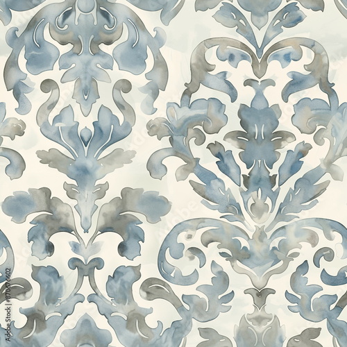 Venetian pattern in Pale blue, cream, and soft gray, watercolour style, seamless pattern, vintage, interior tile ornament, textile, wrapping paper, clothes, print, floor, kitchen, bathroom, decor photo