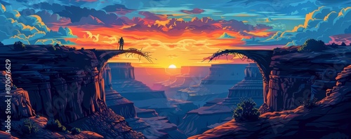 A lone hiker staring at a broken bridge over a canyon, sunset, symbolic, digital art photo
