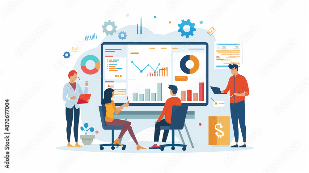 Flat illustration depicting a modern business scene for a website hero section. It features professionals engaged in discussion, charts, and graphs, with a minimalist design and a vibrant colors. Flat illustration depicting a modern business scene for a website hero section. It features professionals engaged in discussion, charts, and graphs, with a minimalist design and a vibrant colors.