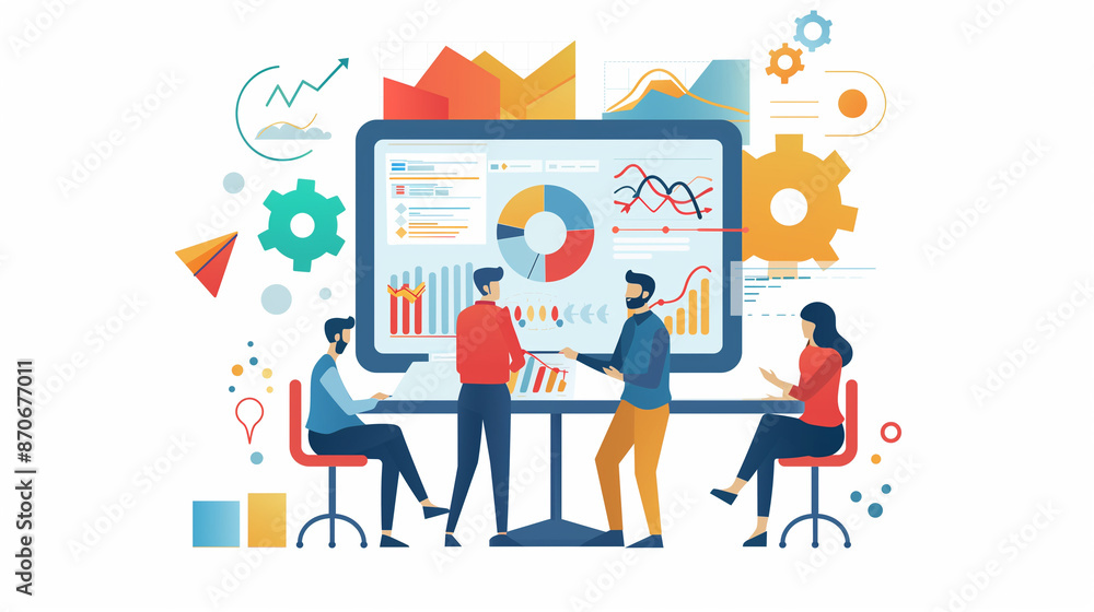Flat illustration depicting a modern business scene for a website hero section. It features professionals engaged in discussion, charts, and graphs, with a minimalist design and a vibrant colors. Flat illustration depicting a modern business scene for a website hero section. It features professionals engaged in discussion, charts, and graphs, with a minimalist design and a vibrant colors.