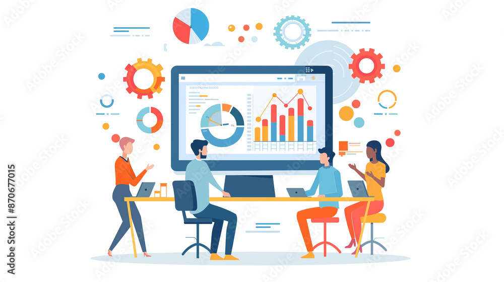 Flat illustration depicting a modern business scene for a website hero section. It features professionals engaged in discussion, charts, and graphs, with a minimalist design and a vibrant colors. Flat illustration depicting a modern business scene for a website hero section. It features professionals engaged in discussion, charts, and graphs, with a minimalist design and a vibrant colors.