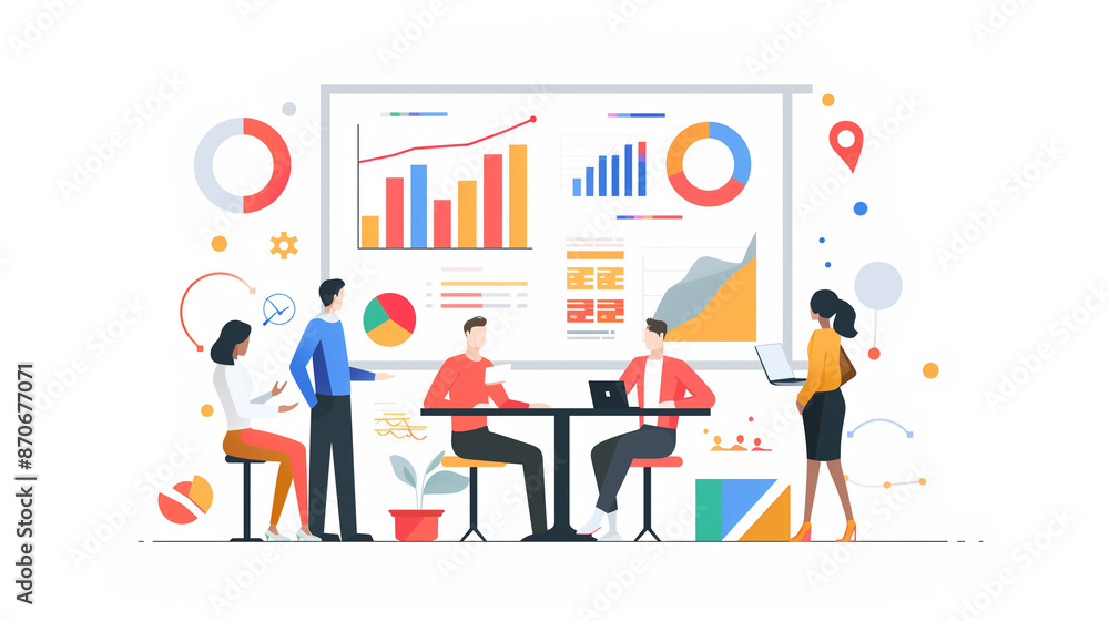 Flat illustration depicting a modern business scene for a website hero section. It features professionals engaged in discussion, charts, and graphs, with a minimalist design and a vibrant colors. Flat illustration depicting a modern business scene for a website hero section. It features professionals engaged in discussion, charts, and graphs, with a minimalist design and a vibrant colors.