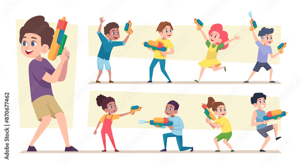 Water pistol. Summer toys weapon for kids playing in water games exact vector funny people in cartoon style Water pistol. Summer toys weapon for kids playing in water games exact vector funny people in cartoon style