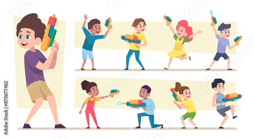 Water pistol. Summer toys weapon for kids playing in water games exact vector funny people in cartoon style