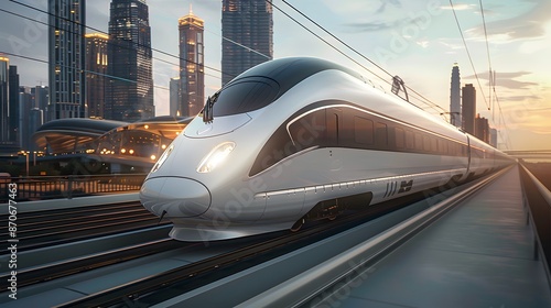 Wallpaper Mural A high-speed train is driving on the bridge, with city buildings in behind it. The exterior of the white and silver bullet-shaped carriage features streamlined lines. Torontodigital.ca