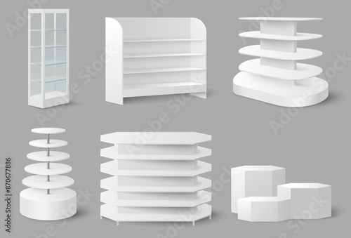 Empty store shelves mockup vector illustration. Supermarket shelf stand, merchandising display retail rack for product storage isolated set. Shop interior design equipment