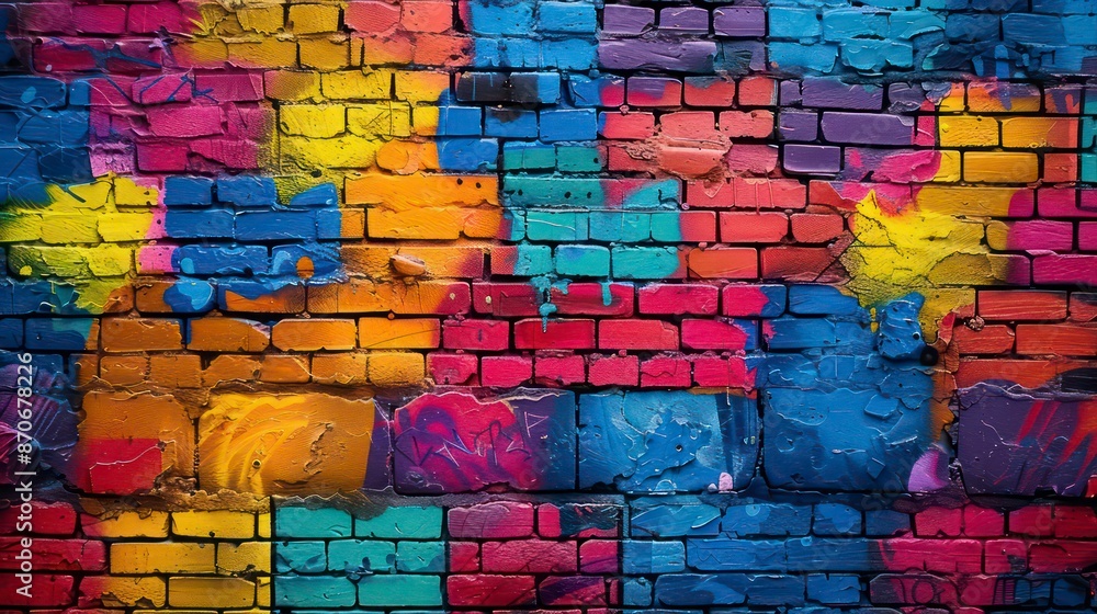 Vibrant graffiti decorates an old brick wall, featuring colorful patterns and textures that give a lively, urban feel to the aged surface. Vibrant graffiti decorates an old brick wall, featuring colorful patterns and textures that give a lively, urban feel to the aged surface.