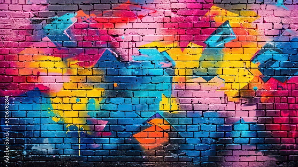 Vibrant graffiti decorates an old brick wall, featuring colorful patterns and textures that give a lively, urban feel to the aged surface. Vibrant graffiti decorates an old brick wall, featuring colorful patterns and textures that give a lively, urban feel to the aged surface.