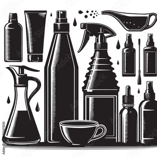 a black and white drawing of various oil bottles silhouette.