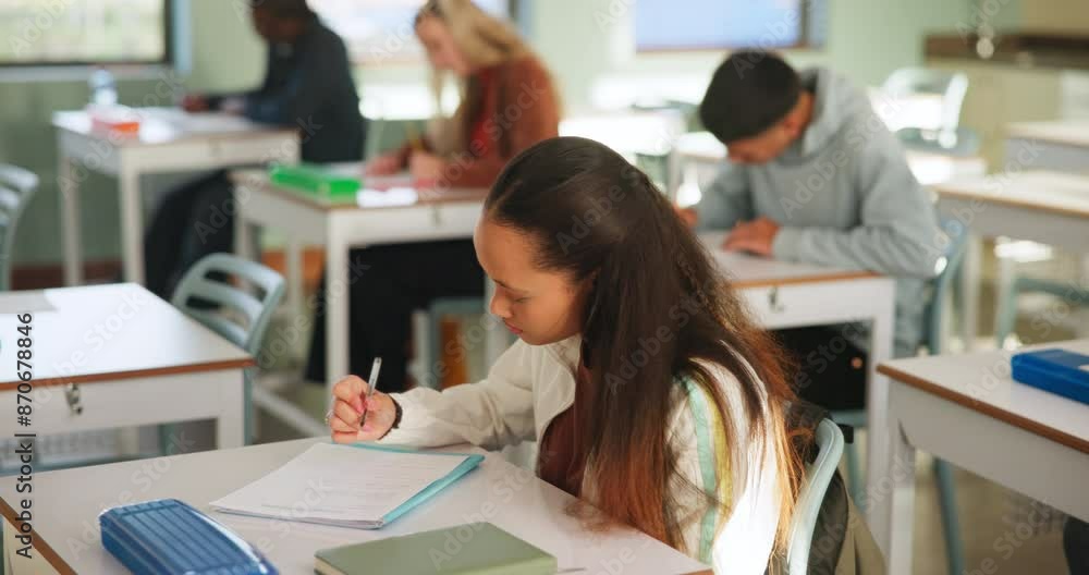 Teenager, girl and writing in quiz with learning, thinking and ideas in classroom, scholarship or education. Female person, student and remember in high school, development with confident in academy Teenager, girl and writing in quiz with learning, thinking and ideas in classroom, scholarship or education. Female person, student and remember in high school, development with confident in academy