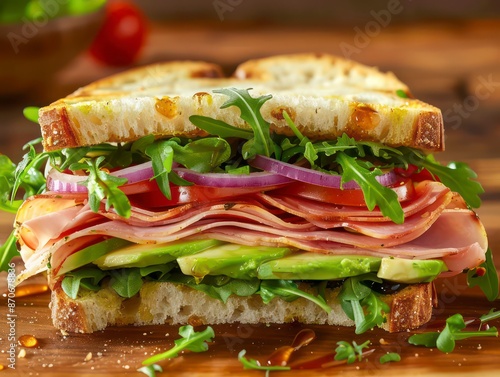 A simple yet delicious sandwich featuring ham, cheese, lettuce, and tomato between slices of bread. Ideal for breakfast or a wholesome lunch.