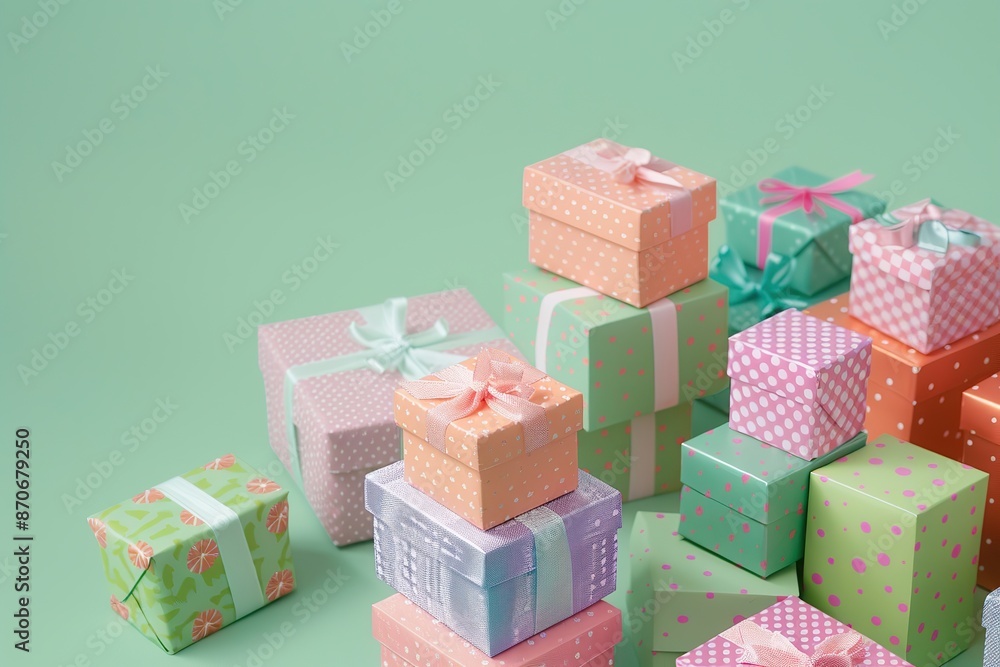 Stack of colorful gift boxes tied with pastel colored bows. Joy, anticipation of receiving presents. Heap of beautiful gift boxes on mute green color. Gift box set in pile. Distinctive present boxes Stack of colorful gift boxes tied with pastel colored bows. Joy, anticipation of receiving presents. Heap of beautiful gift boxes on mute green color. Gift box set in pile. Distinctive present boxes
