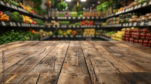 Supermarket aisle background, wood table top, bokeh effect, ready for product display