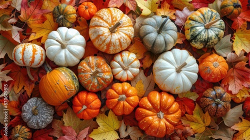 Fototapeta Naklejka Na Ścianę i Meble -  Various pumpkins on autumn table, surrounded by fall leaves, festive and warm fall scene