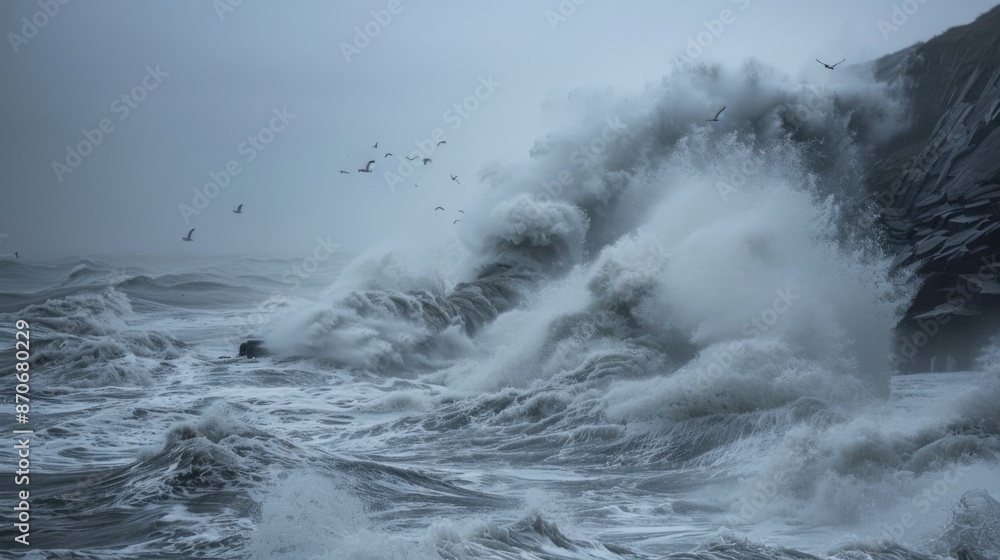 Obraz premium A large wave crashing onto a rocky shore