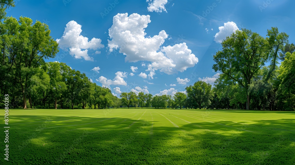 A large grassy field with trees on the edges, a blue sky and white clouds in the background, a wide green space, a wide angle lens showing a green meadow, a park landscape. A large grassy field with trees on the edges, a blue sky and white clouds in the background, a wide green space, a wide angle lens showing a green meadow, a park landscape.