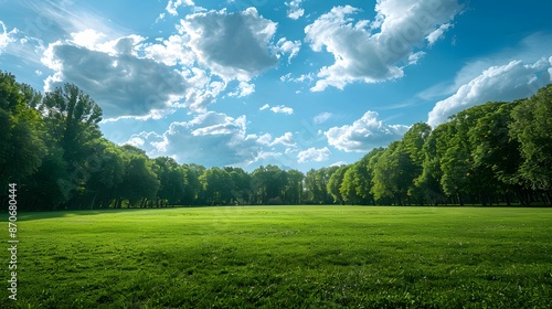 A large grassy field with trees on the edges, a blue sky and white clouds in the background, a wide green space, a wide angle lens showing a green meadow, a park landscape.