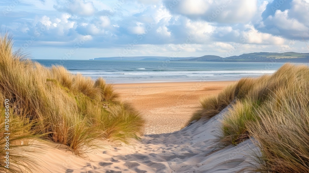 Grassy Dunes Leading to a Sandy Beach with Ocean and Blue Sky in the Distance Grassy Dunes Leading to a Sandy Beach with Ocean and Blue Sky in the Distance
