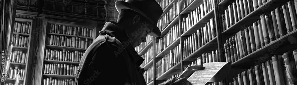 Detective finding a hidden clue in a secret library, Noir, Monochrome, Digital art, Suspenseful atmosphere Detective finding a hidden clue in a secret library, Noir, Monochrome, Digital art, Suspenseful atmosphere