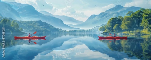 Wallpaper Mural Family kayaking on a tranquil lake, surrounded by mountains, reflection in water, serene, digital painting Torontodigital.ca