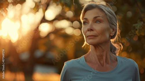 Serene Senior Woman Enjoying Golden Hour in Nature