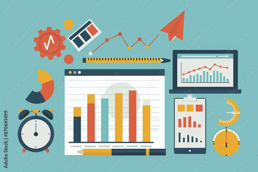 Colorful flat design illustration of data analytics, including charts, graphs, and gadgets for stock market analysis on a blue background. Colorful flat design illustration of data analytics, including charts, graphs, and gadgets for stock market analysis on a blue background.