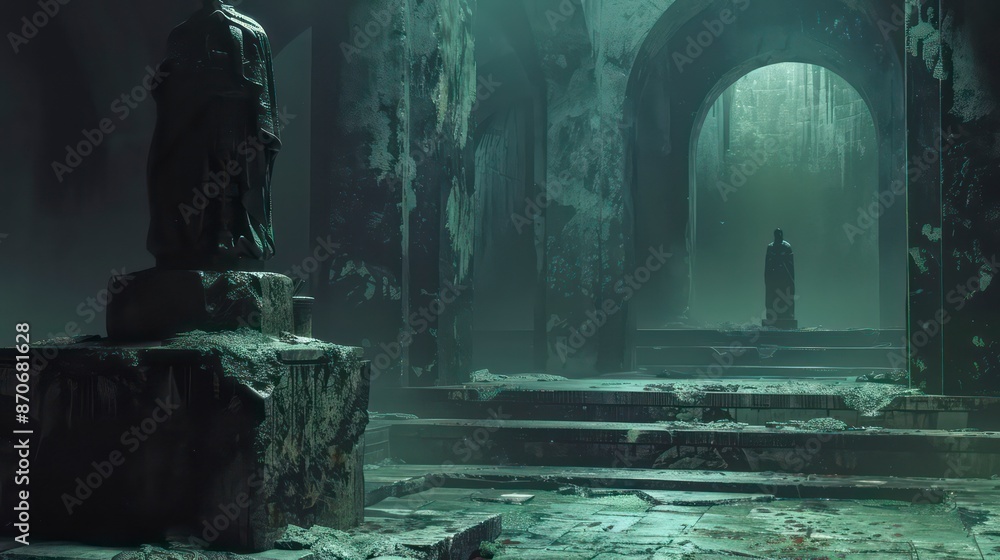 A dusty statue plinth in a futuristic dungeon, surrounded by high-tech ruins, creates a mysterious atmosphere of abandonment and ancient technology. A dusty statue plinth in a futuristic dungeon, surrounded by high-tech ruins, creates a mysterious atmosphere of abandonment and ancient technology.