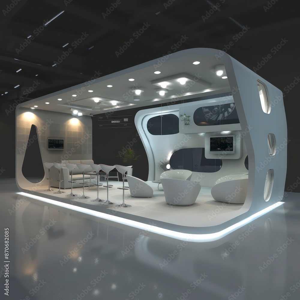 Modern exhibition design, 6x8 sqm, with two open sides, showcasing the latest technology and offering an innovative space for engaging presentations and displays. Modern exhibition design, 6x8 sqm, with two open sides, showcasing the latest technology and offering an innovative space for engaging presentations and displays.