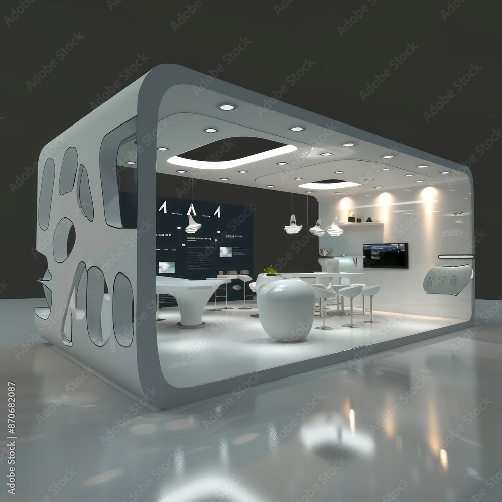 Modern exhibition design, 6x8 sqm, with two open sides, showcasing the latest technology and offering an innovative space for engaging presentations and displays. Modern exhibition design, 6x8 sqm, with two open sides, showcasing the latest technology and offering an innovative space for engaging presentations and displays.