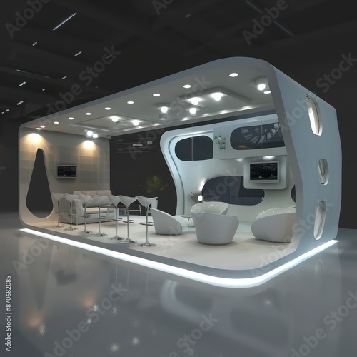 Modern exhibition design, 6x8 sqm, with two open sides, showcasing the latest technology and offering an innovative space for engaging presentations and displays. photo