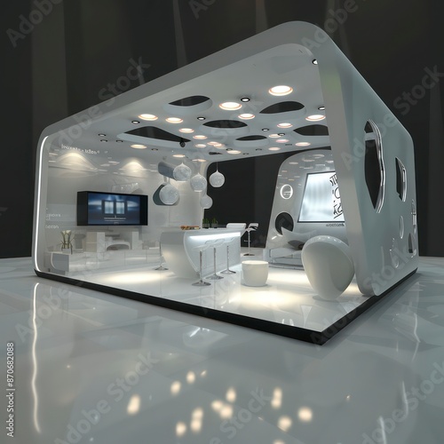 Modern exhibition design, 6x8 sqm, with two open sides, showcasing the latest technology and offering an innovative space for engaging presentations and displays. photo