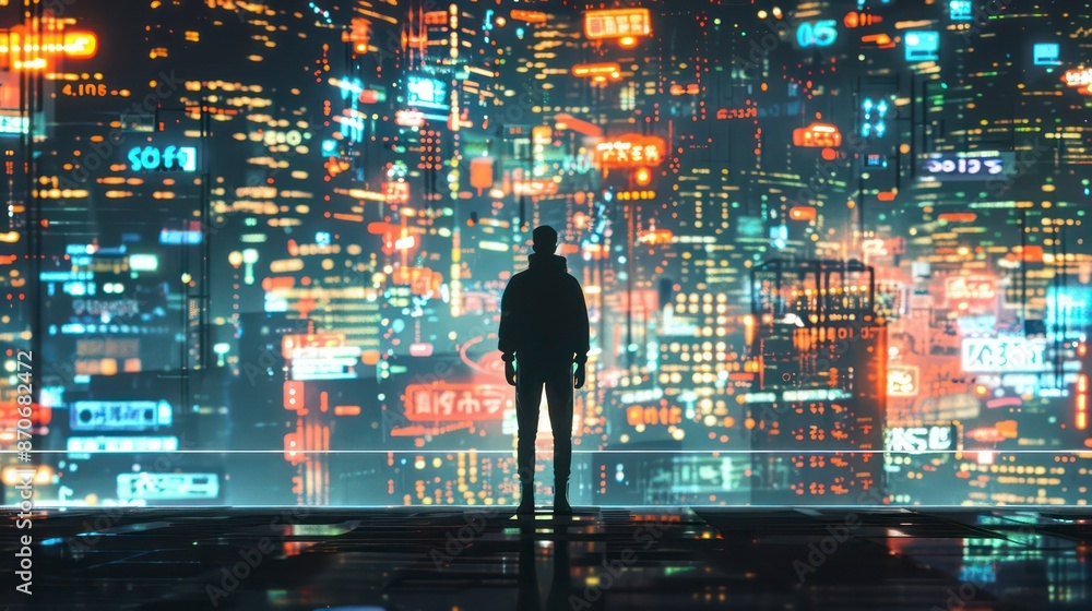 Fototapeta premium A digital businessman uses a computer to navigate the internet, showcasing modern technology and networking in a dynamic business environment.